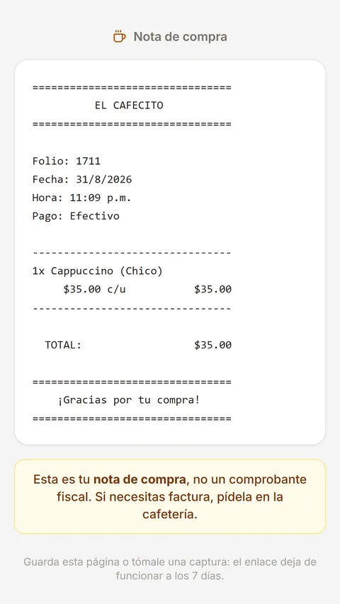 La nota de compra abierta en el celular del cliente