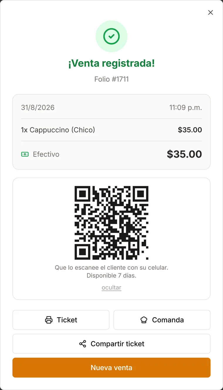 Pantalla de venta registrada con el codigo QR para el cliente